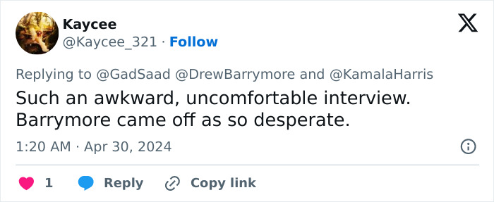 Drew Barrymore&rsquo;s &ldquo;Cringe&rdquo; Interview With Kamala Harris Sparks Online Firestorm