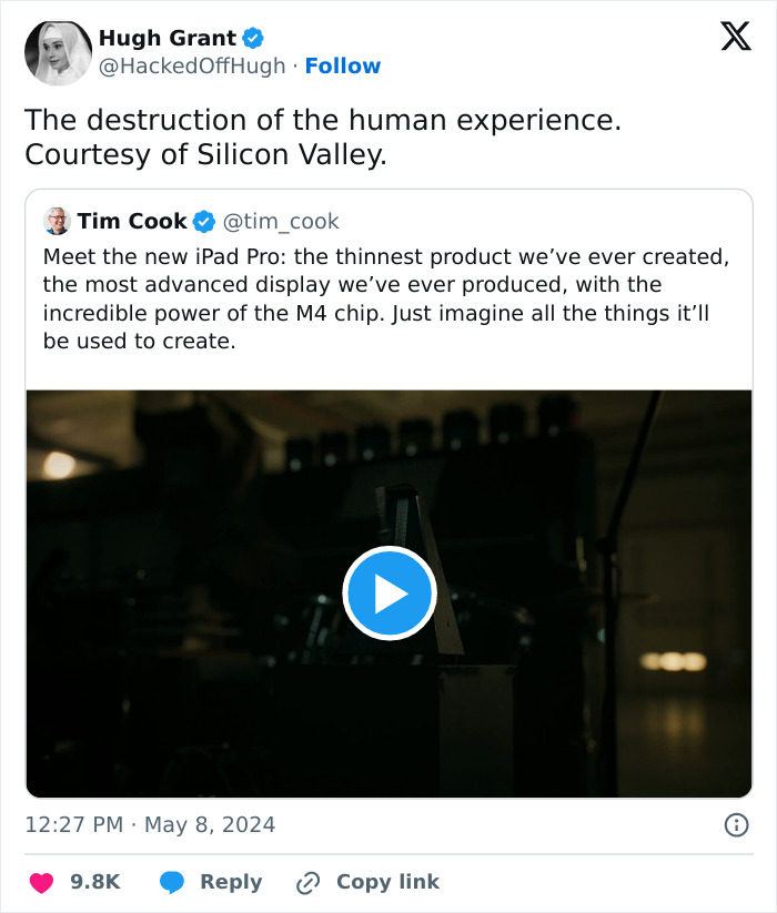 People Fume Over Apple&rsquo;s New iPad Pro Advertising Campaign, And Hugh Grant Is Among Them