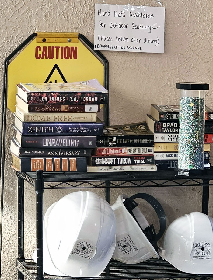 A Restaurant I Went To Has Head Protection Hats Available For Outdoor Seating