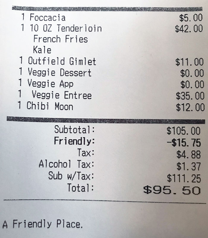 Receipt from a bar and restaurant showing food, drinks, taxes, and a total, highlighting unique billing ideas.