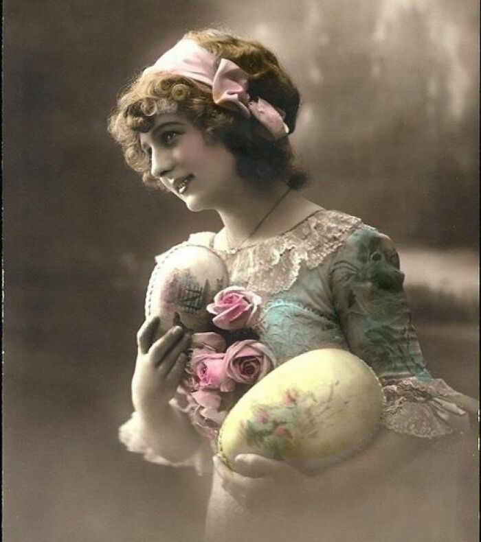 Edwardian French Easter Postcard Of Lady Holding An Egg