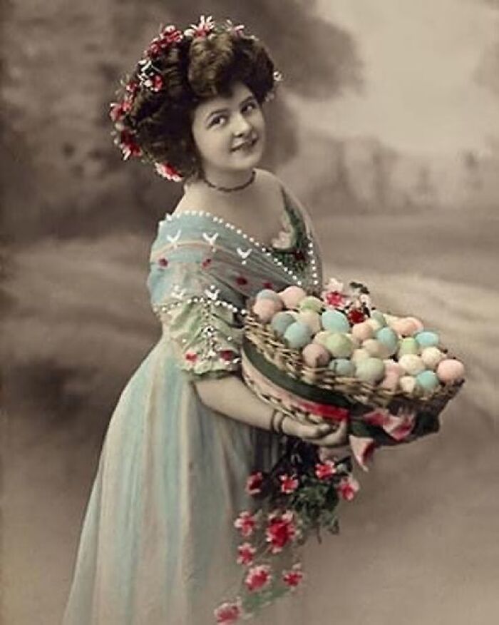 Edwardian Colourised Easter Postcard Of Young Lady Holding Basket Of Eggs C1915