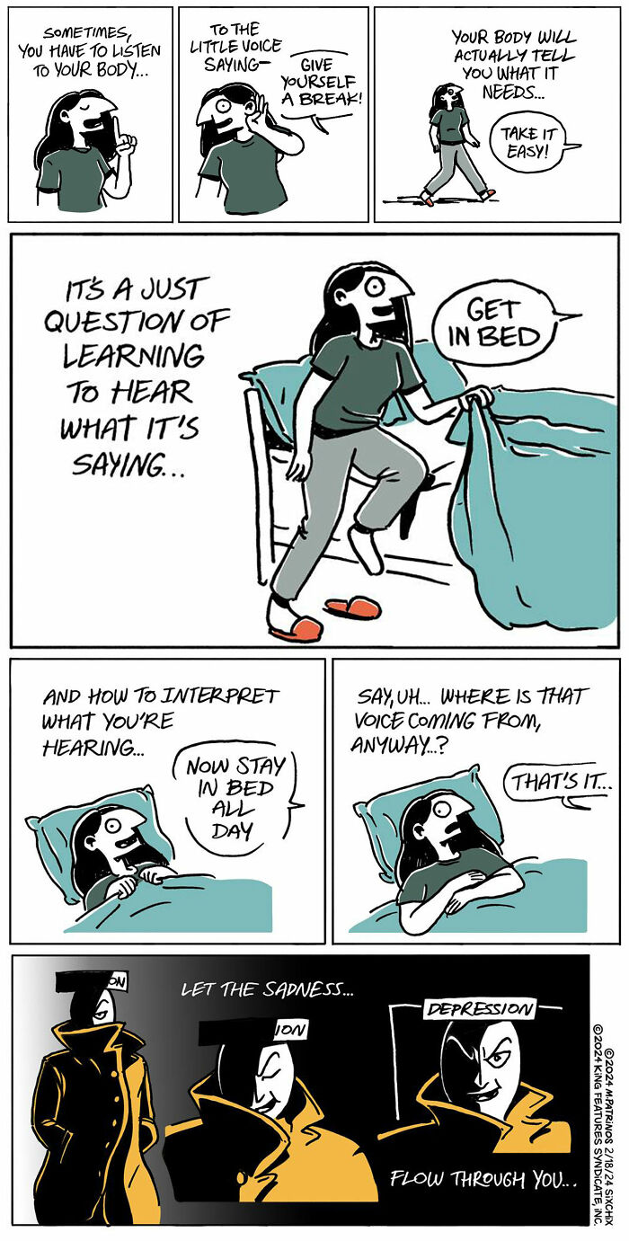 Comic about relatable situations with a character in bed, feeling depressed, listening to an internal voice.