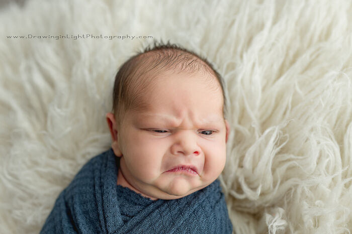 Newborn Grumpy Baby Breaks The Internet With Squishy Cheeks, Zero Smiles, And All Sass