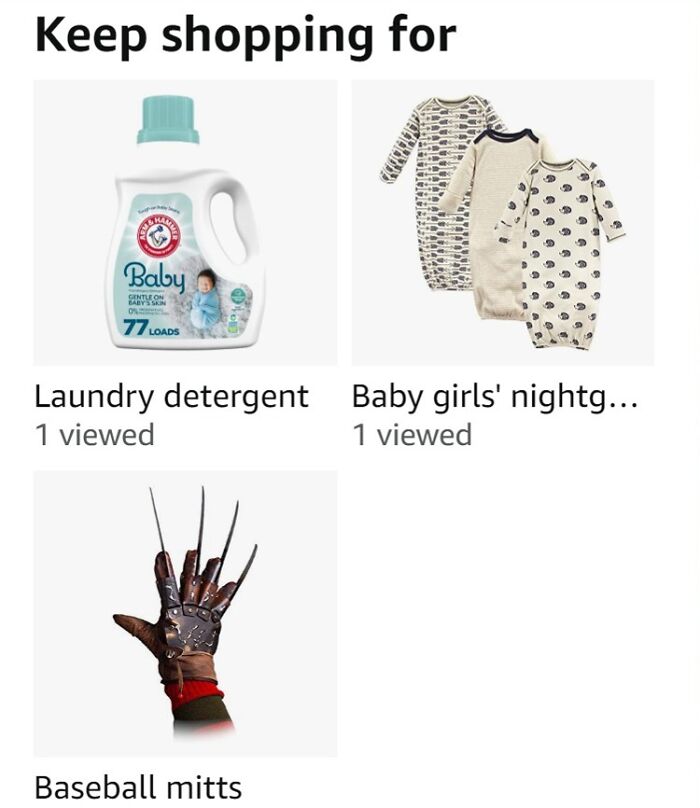 Shopping fail with baseball mitts labeled alongside laundry detergent and baby nightgowns.