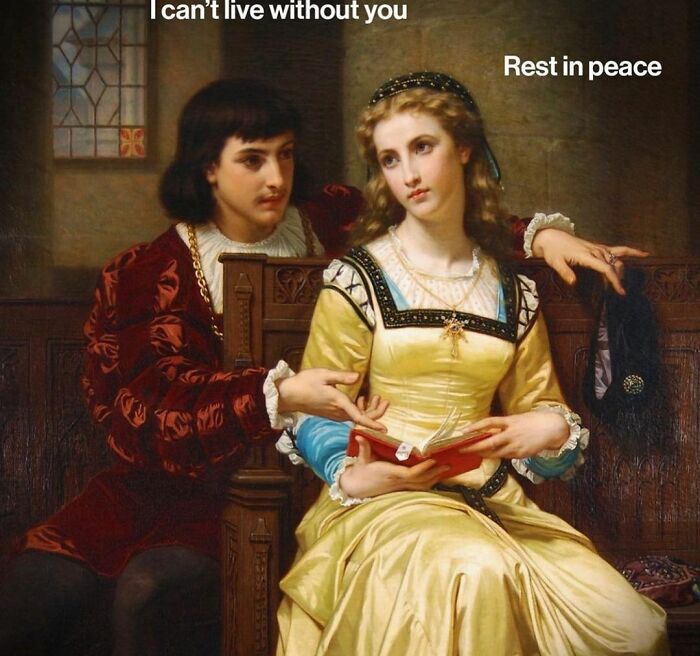 Classical art meme featuring a couple in historical attire, with humorous text about existential despair.