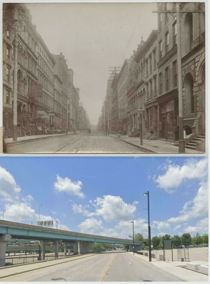 "Us Cities Were Built For Cars" (Downtown Cincinnati, 1890 vs. 2023)
