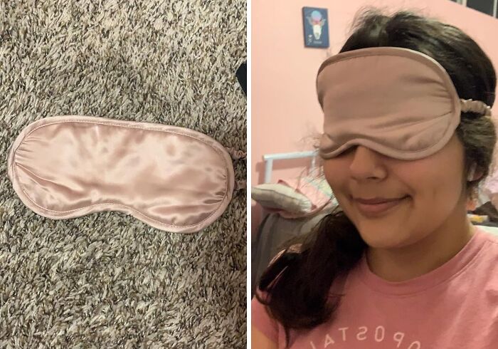 Silk sleep mask for travel, shown on carpet and worn by a woman in a pink shirt.