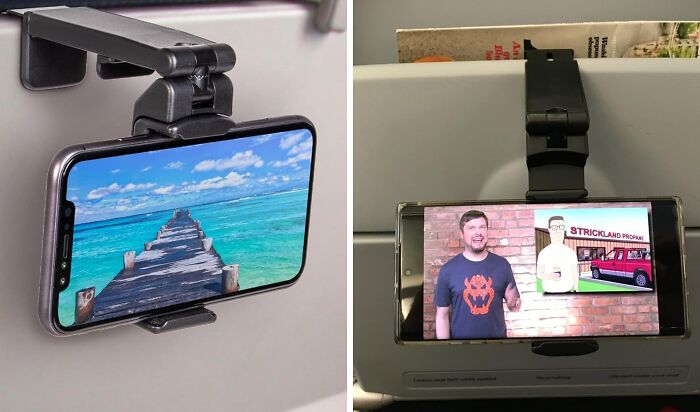 Phone holder for travel, attached to airplane seatback, displaying video content. Ideal for smart and light vacations.