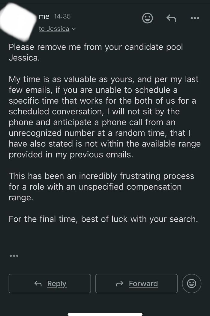 Email screenshot expressing frustration with job hunting, highlighting poor recruitment communication.