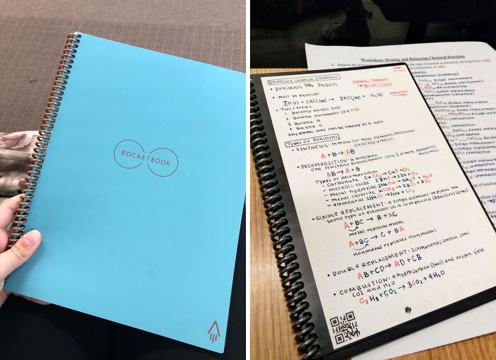 Notebook showing handwritten notes, a Rocketbook product, popular for its reusable and sustainable features.