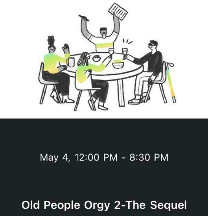 Illustration of four people at a table with humorous text about a fictional event on NextDoor.