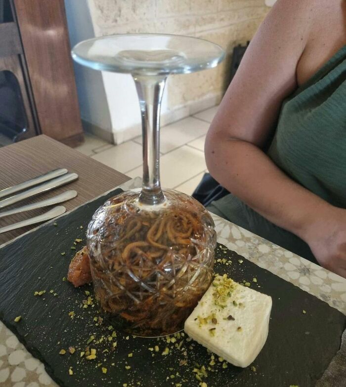 Friend's Mother Went To A Restaurant And Got A Glass Of Pasta! Upside Down!
