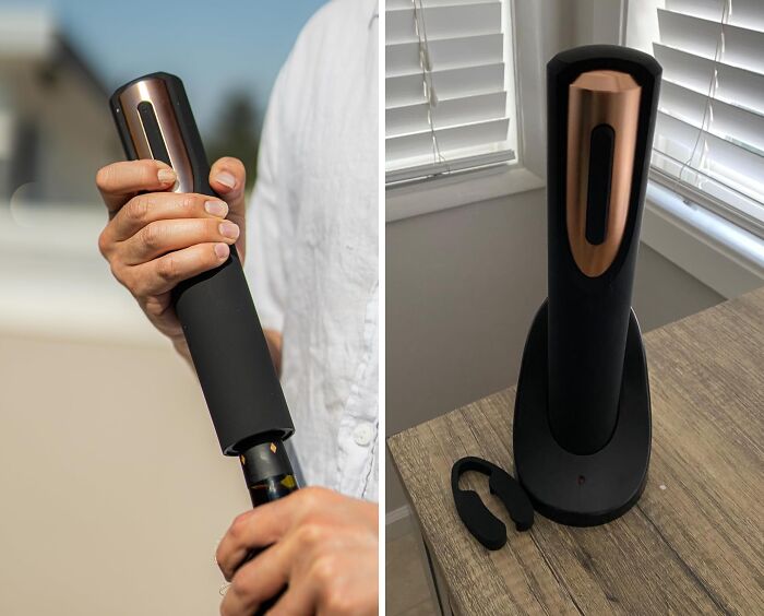 Electric wine opener gift being used outdoors and shown on a wooden table near window blinds as a cool gift idea.