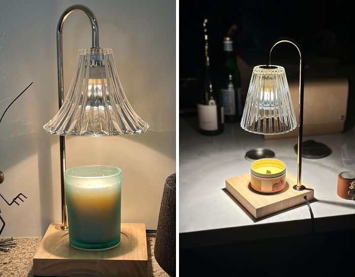 Glass-shaded candle warmer lamp with wooden base, offering a unique genuinely cool gift idea for last-minute occasions.