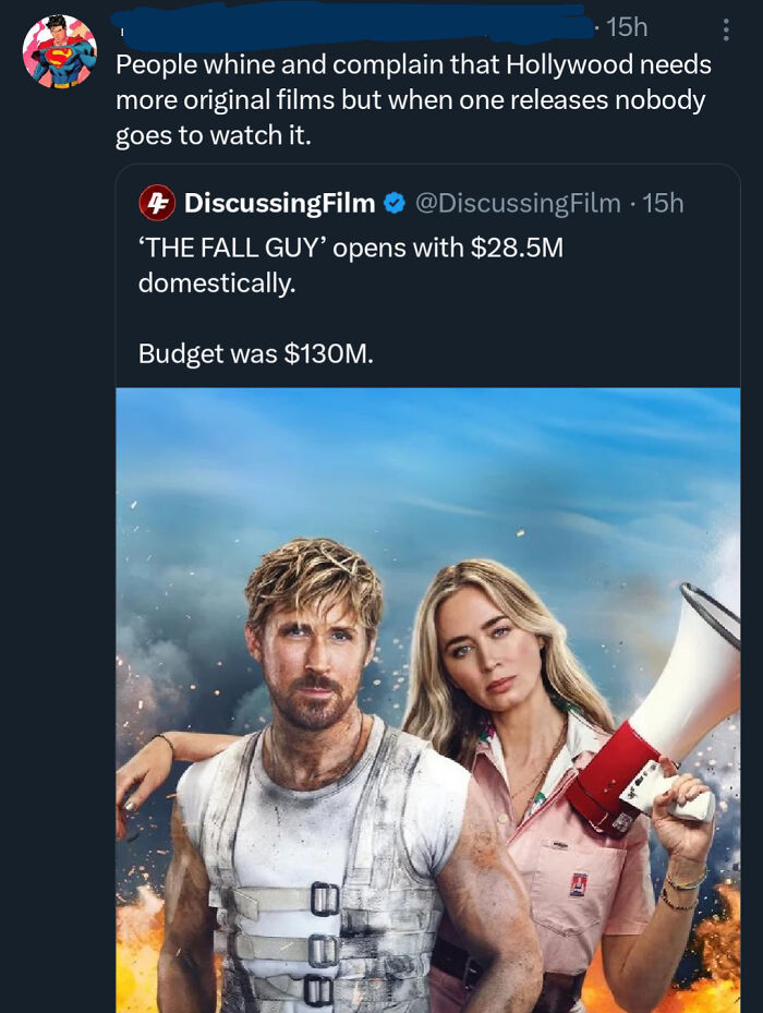 The Fall Guy (2024) Is A Film Based On An 80s TV Show. This Image Is A Reference To How Anything That Isnt A Superhero Film, Made By Disney Or Based On A Popular Video Game Is Considered Original