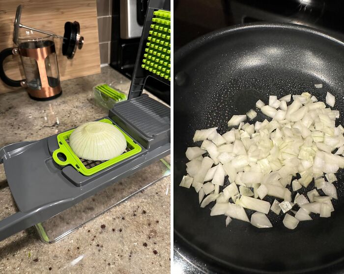 Onion being chopped in a slicer next to diced pieces in a frying pan, showcasing a practical Mother's Day gift idea.