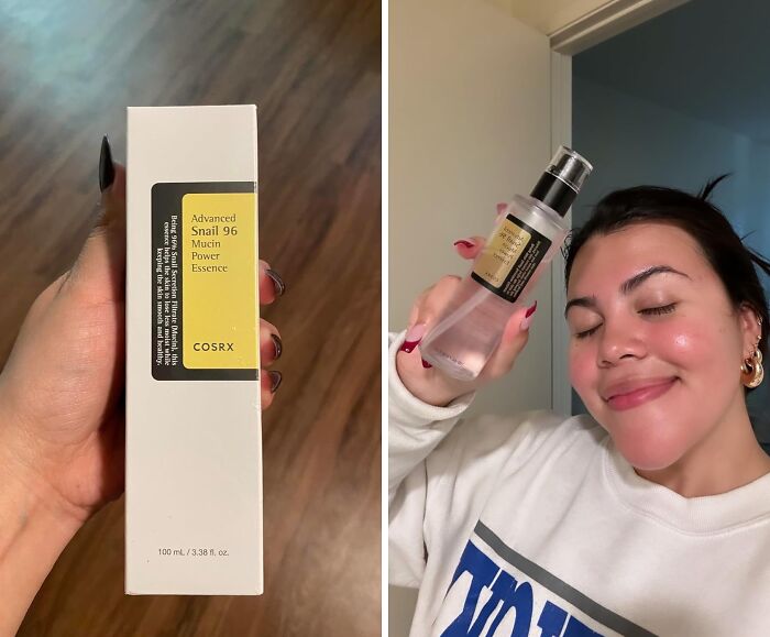 Woman holding COSRX snail essence, a cheerful Mother's Day gift under $20, with joyful expression.