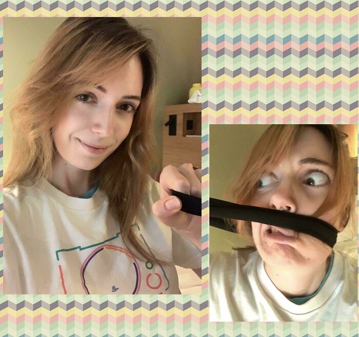 Woman humorously pulling on a strap, showcasing different facial expressions in a playful photo collage.