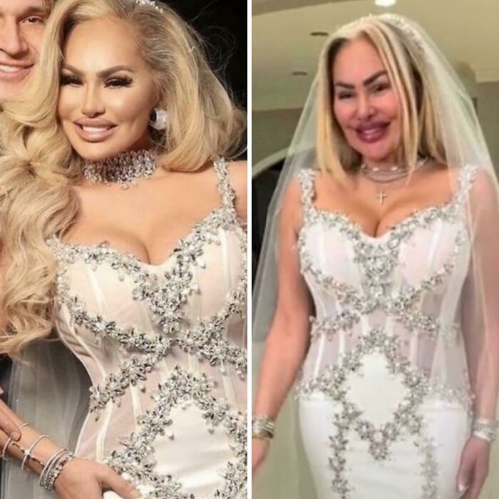 Foto con filtros vs foto sin filtro del diseñador del vestido