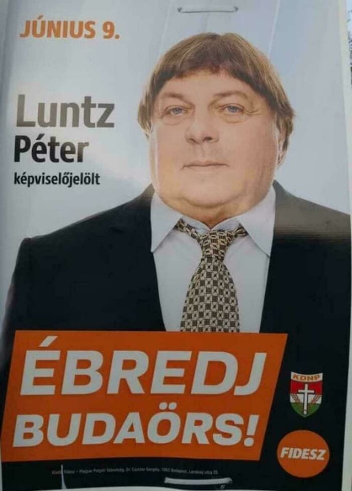 Campaign poster featuring a candidate with a humorous haircut, illustrating a tragic hair accident.