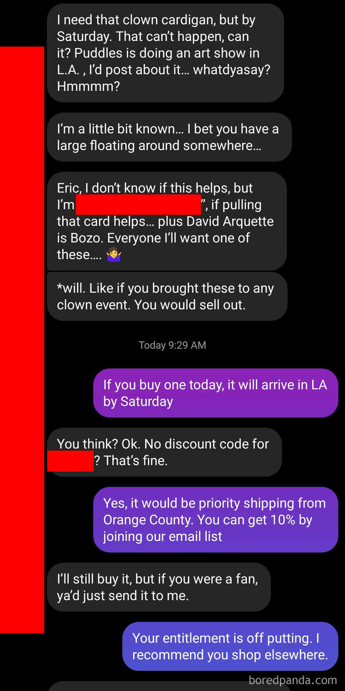 Text exchange showing a beggar being chooser, requesting a free clown cardigan for promotion.