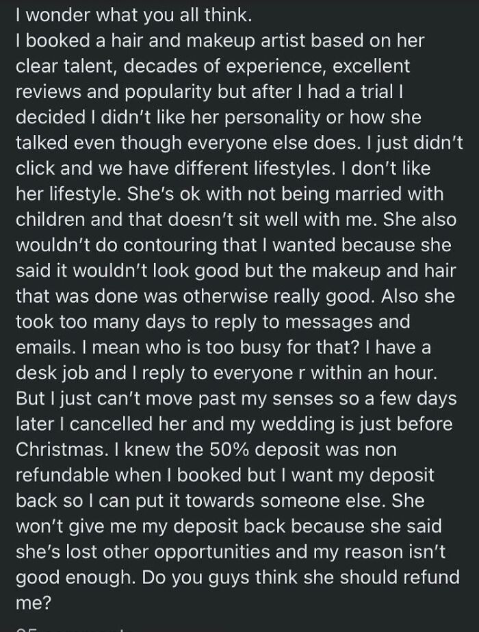 Bride Cancels Mua Because Mua Is Not Married And Has Kids. Bride Wants Deposit Back