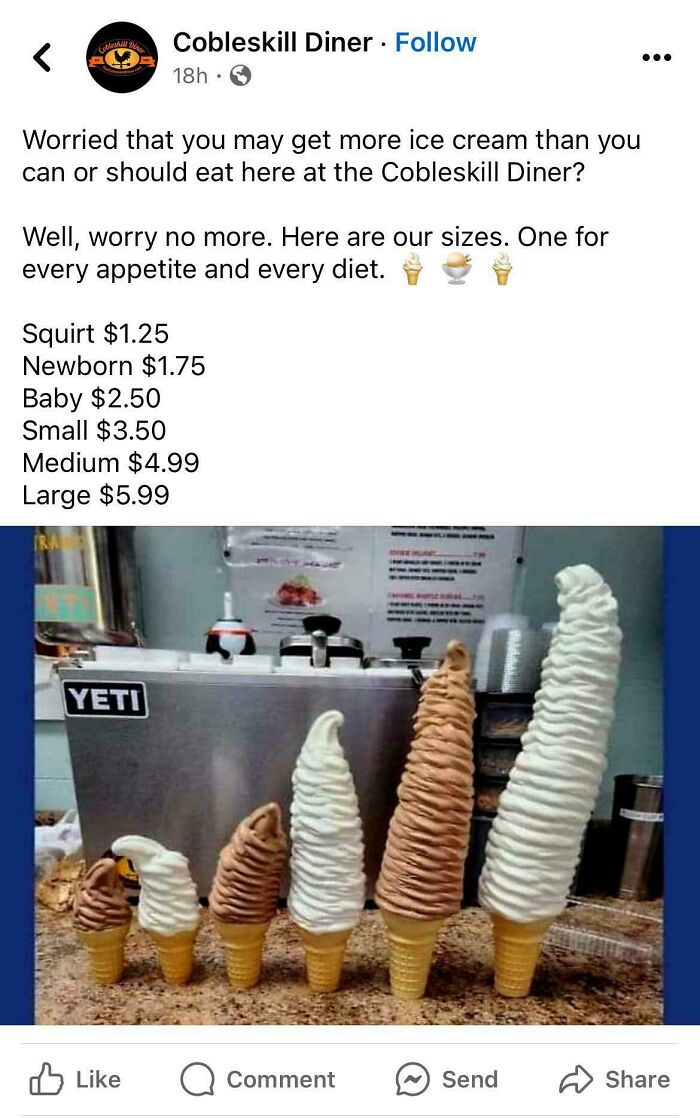 Ice cream cones in various sizes labeled humorously, showcasing a quirky menu from Cobleskill Diner.
