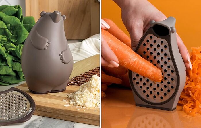 Bear-shaped grater used for shredding cheese and carrots on a kitchen countertop.