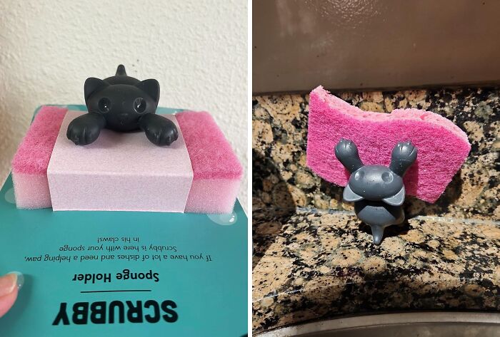 Cat-shaped sponge holder, one of the weirdest kitchen items that works surprisingly well, holding a pink sponge by the sink.