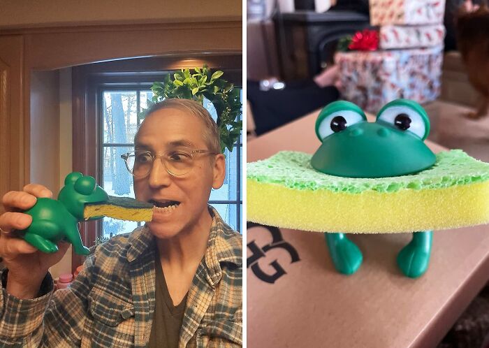 Man using a quirky frog-shaped sponge holder in the kitchen, showcasing weird kitchen items.