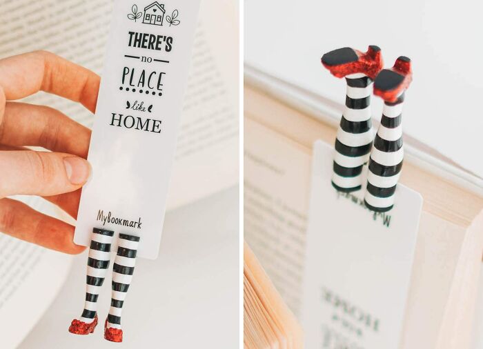 Creative genius bookmark with striped legs and red shoes marking a book page, showcasing unique random things design.