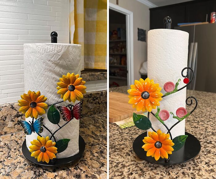 Decorative paper towel holders with floral and butterfly designs on a kitchen counter.