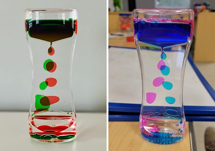 Two colorful liquid motion timers with droplets falling inside, showcasing creative random genius items.