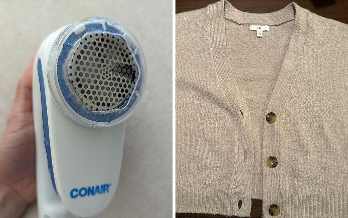 Fabric shaver lint remover and a beige cardigan, showcasing genius random things for everyday use.