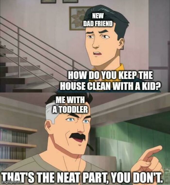 Animated dad meme showing a new dad asking about cleaning with kids and a dad with toddler giving a witty reply.
