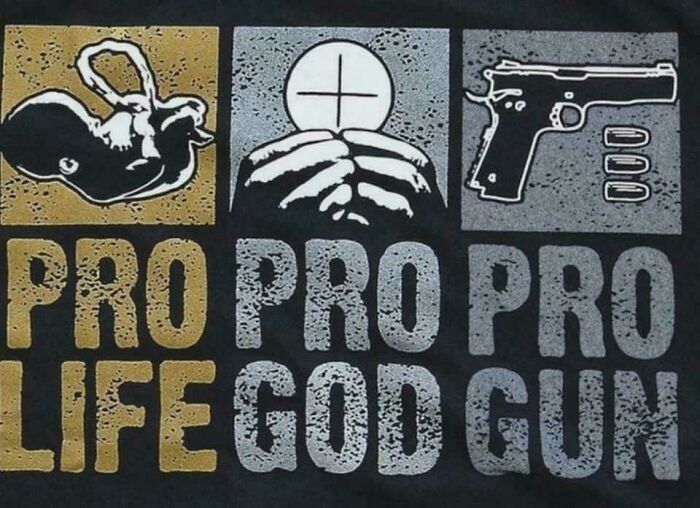 Sign fail with images of a fetus, communion, and a gun labeled "Pro Life," "Pro God," "Pro Gun."