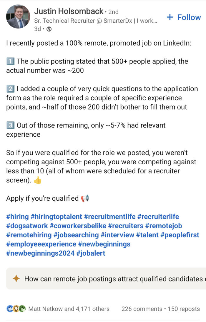 A LinkedIn post discusses the challenges of job hunting and recruiting for remote positions.