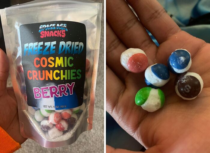 Freeze dried cosmic crunchies berry snack held in hand, showing colorful bite-sized treats with a space theme.