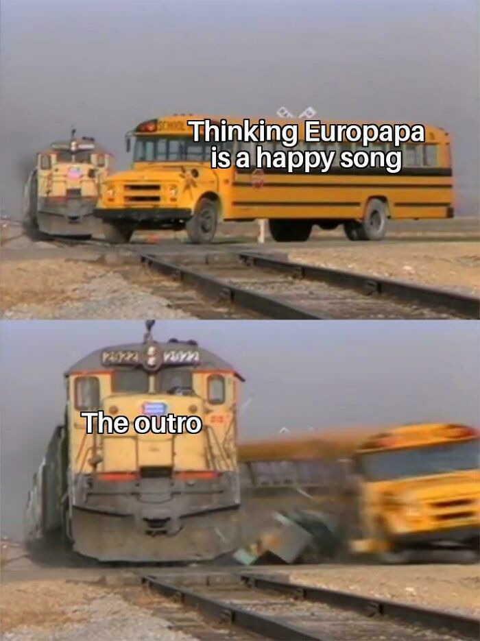 A train hits a school bus with captions about a Eurovision song's anticlimactic outro.