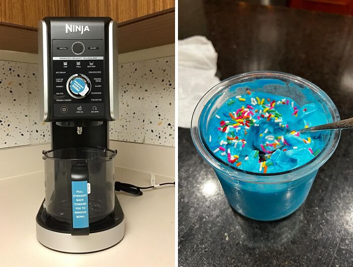 Modern Ninja kitchen appliance next to a cup of vibrant blue dessert with colorful sprinkles, showcasing genius random things.