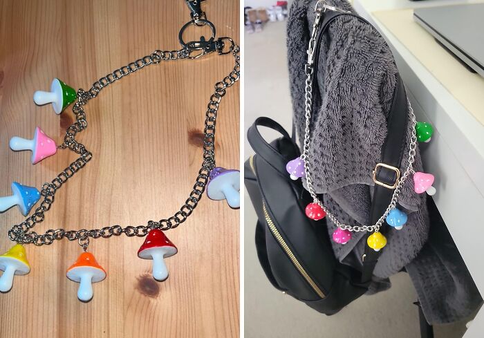 Colorful mushroom charm chain attached to a backpack, showcasing inventive and borderline genius random things.