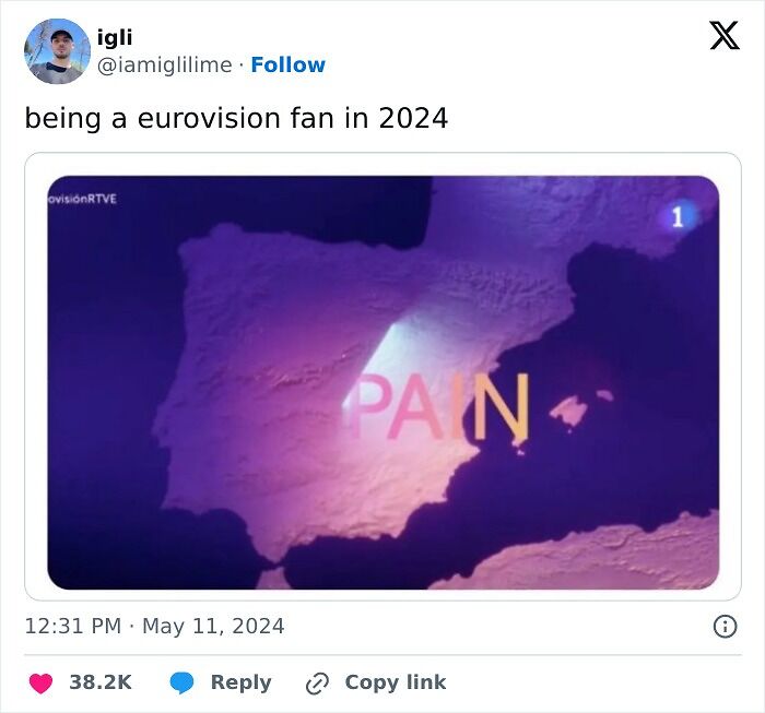 Map joke about Eurovision Song Contest 2024 with "PAIN" overlay on Spain.