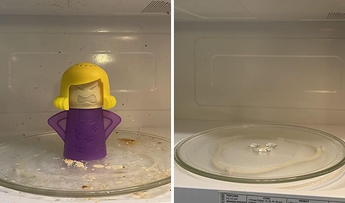 Silicone microwave cleaner with angry face design, showing before and after cleaning results inside a microwave oven.