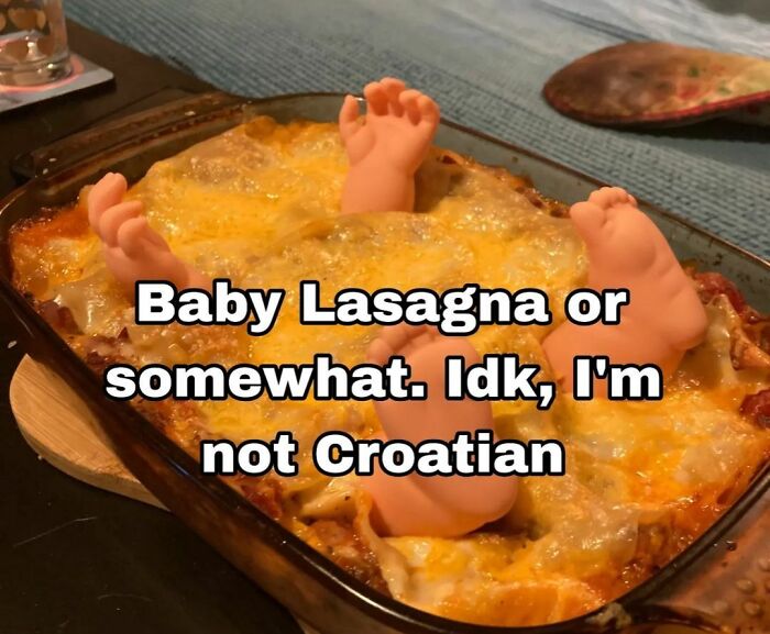 Eurovision 2024 meme with a lasagna and humorous text about being Croatian.