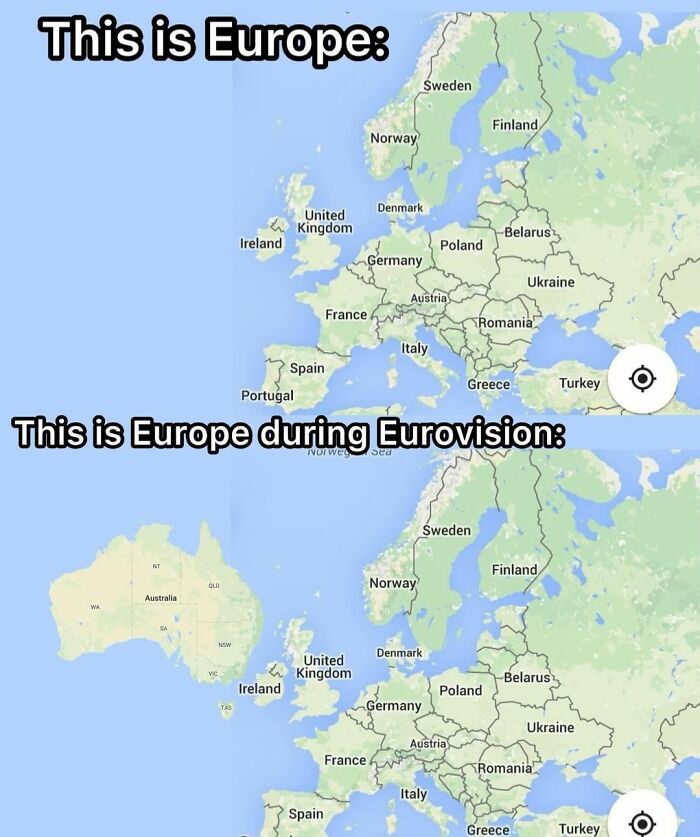Map meme of Europe, with Australia added, humorously depicting the Eurovision Song Contest expansion.