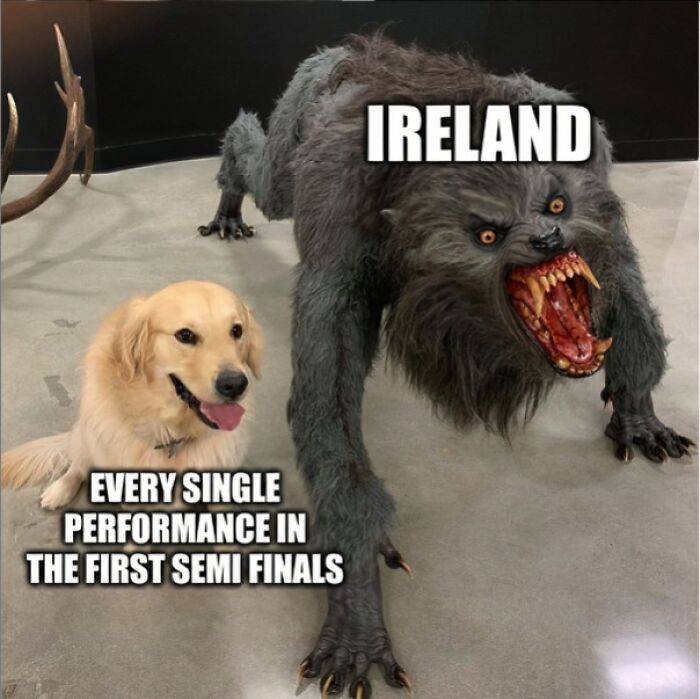 Meme of a dog and a werewolf, humorously representing Ireland, celebrating Eurovision 2024.