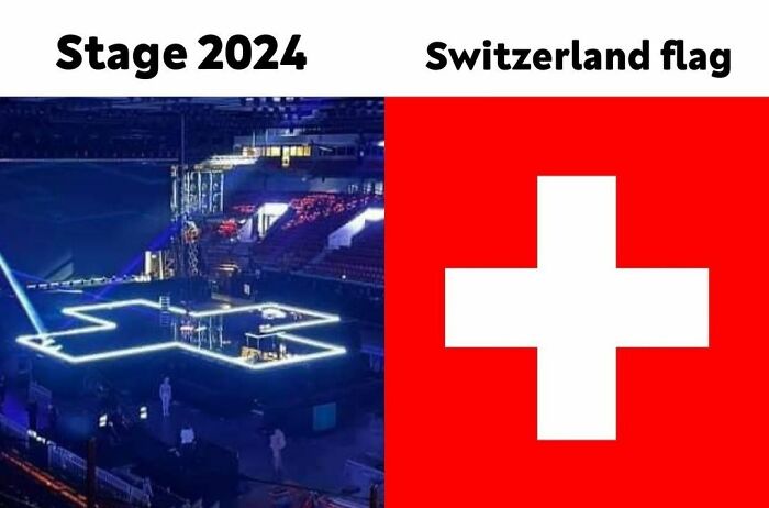 Eurovision 2024 stage design humorously compared to the Switzerland flag.