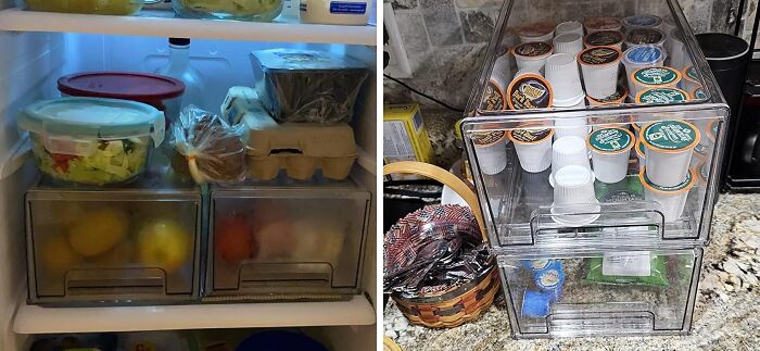 Fridge and pantry organized with clear storage containers and fresh produce.