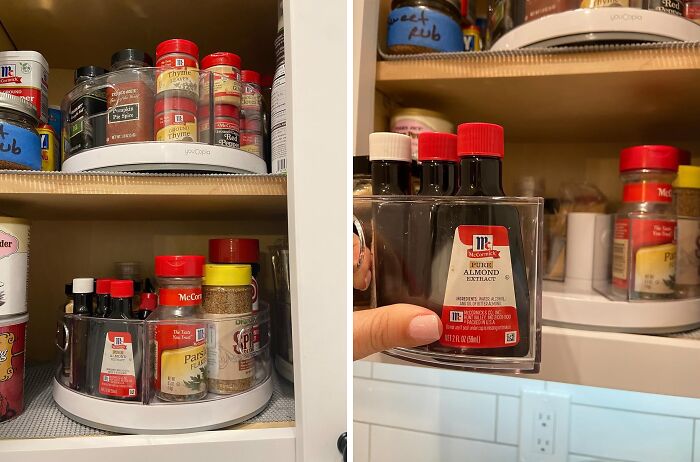 Organized fridge and pantry with spices and extracts on a rotating shelf, enhancing kitchen storage solutions.